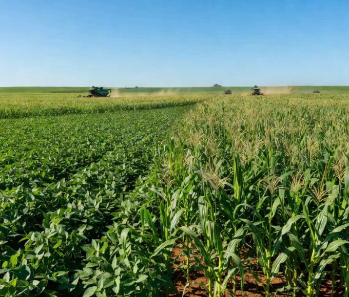 Campos de grãos no Brasil, com plantações de soja e milho, representando projeção de redução na área plantada.