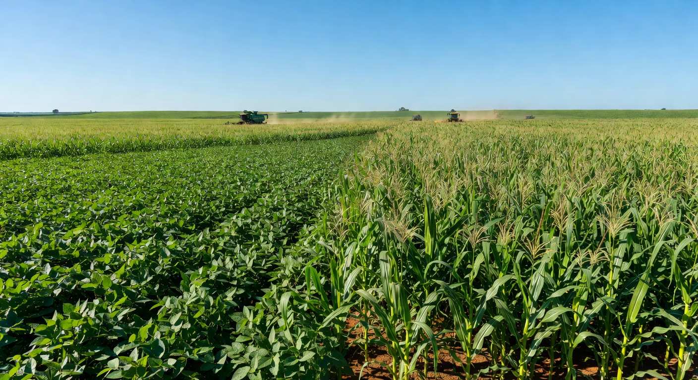 Campos de grãos no Brasil, com plantações de soja e milho, representando projeção de redução na área plantada.