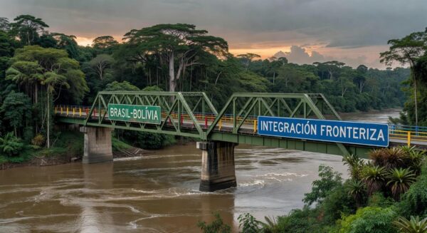 Ponte na fronteira Brasil-Bolívia representando rotas de integração entre os países.