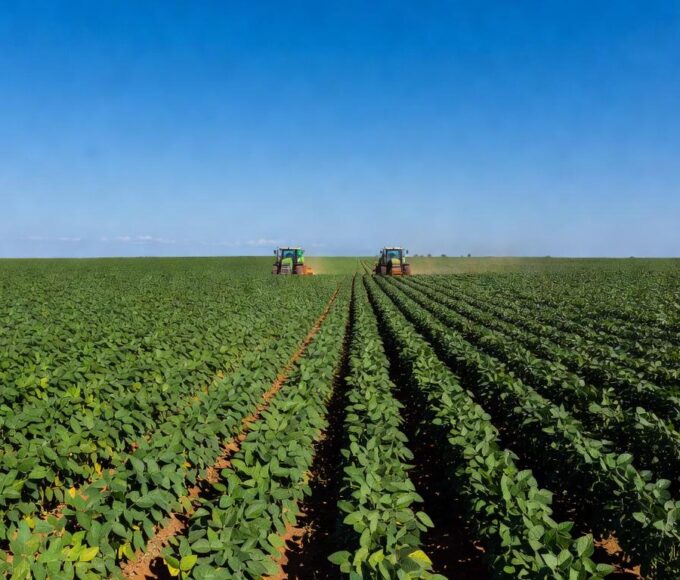 Plantação de soja no Mato Grosso, Brasil, ilustrando contexto agrícola de litígios sobre herbicida Roundup.