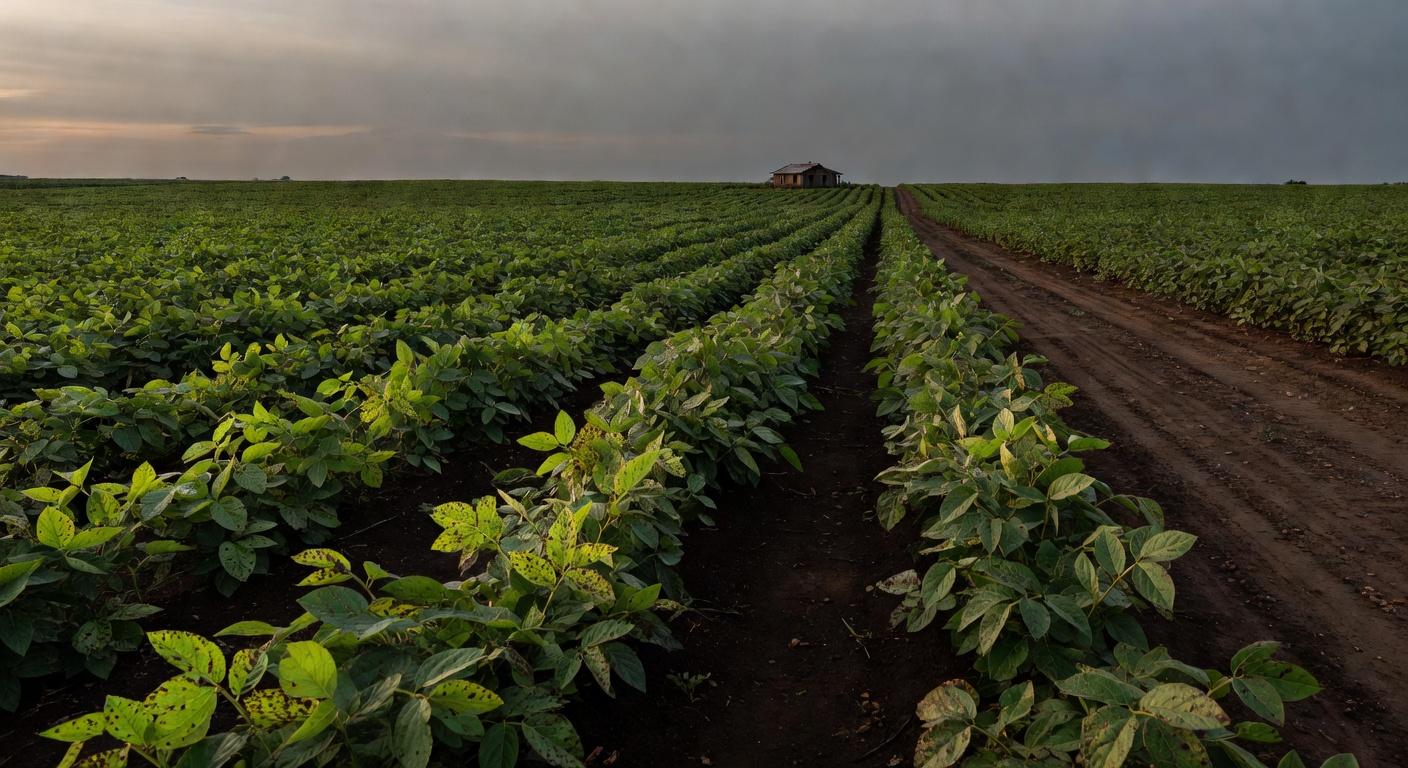 Plantação de soja no Brasil com sinais de pragas agrícolas, em estilo fotojornalístico.