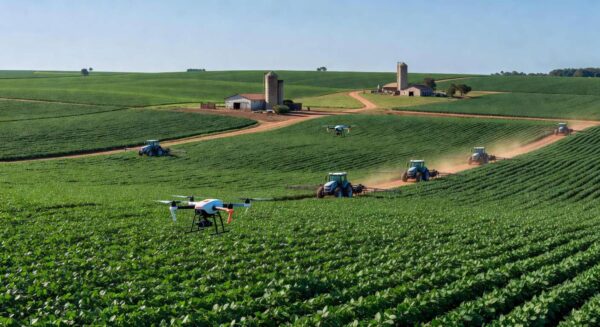 Plantação de soja no Brasil com drones e tecnologias agrícolas avançadas, simbolizando acordos entre Brasil e Coreia do Sul.