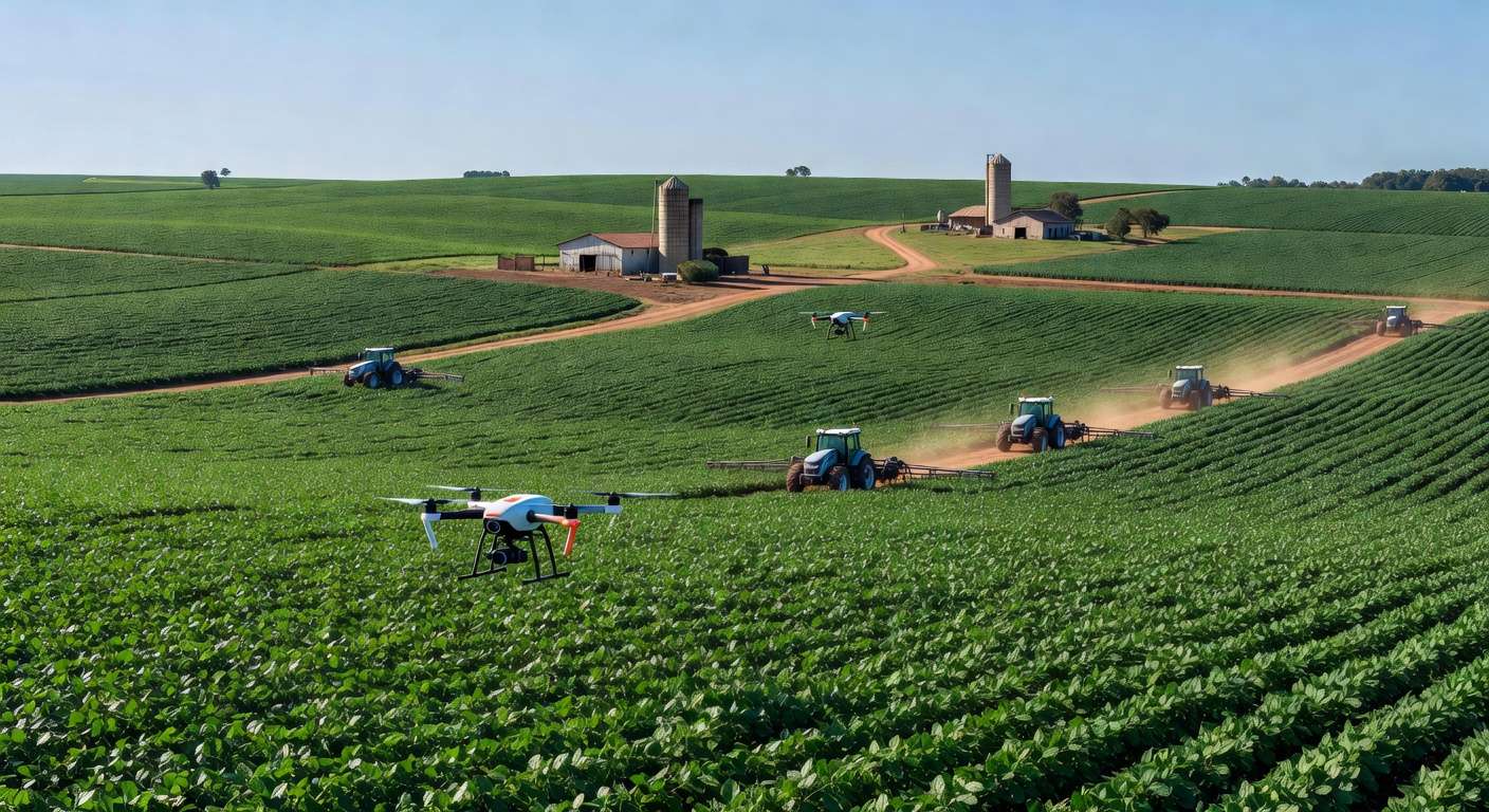 Plantação de soja no Brasil com drones e tecnologias agrícolas avançadas, simbolizando acordos entre Brasil e Coreia do Sul.