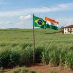 Plantação de cana-de-açúcar no Brasil com bandeiras do Brasil e Índia, representando parcerias em agricultura e biocombustíveis no G20.