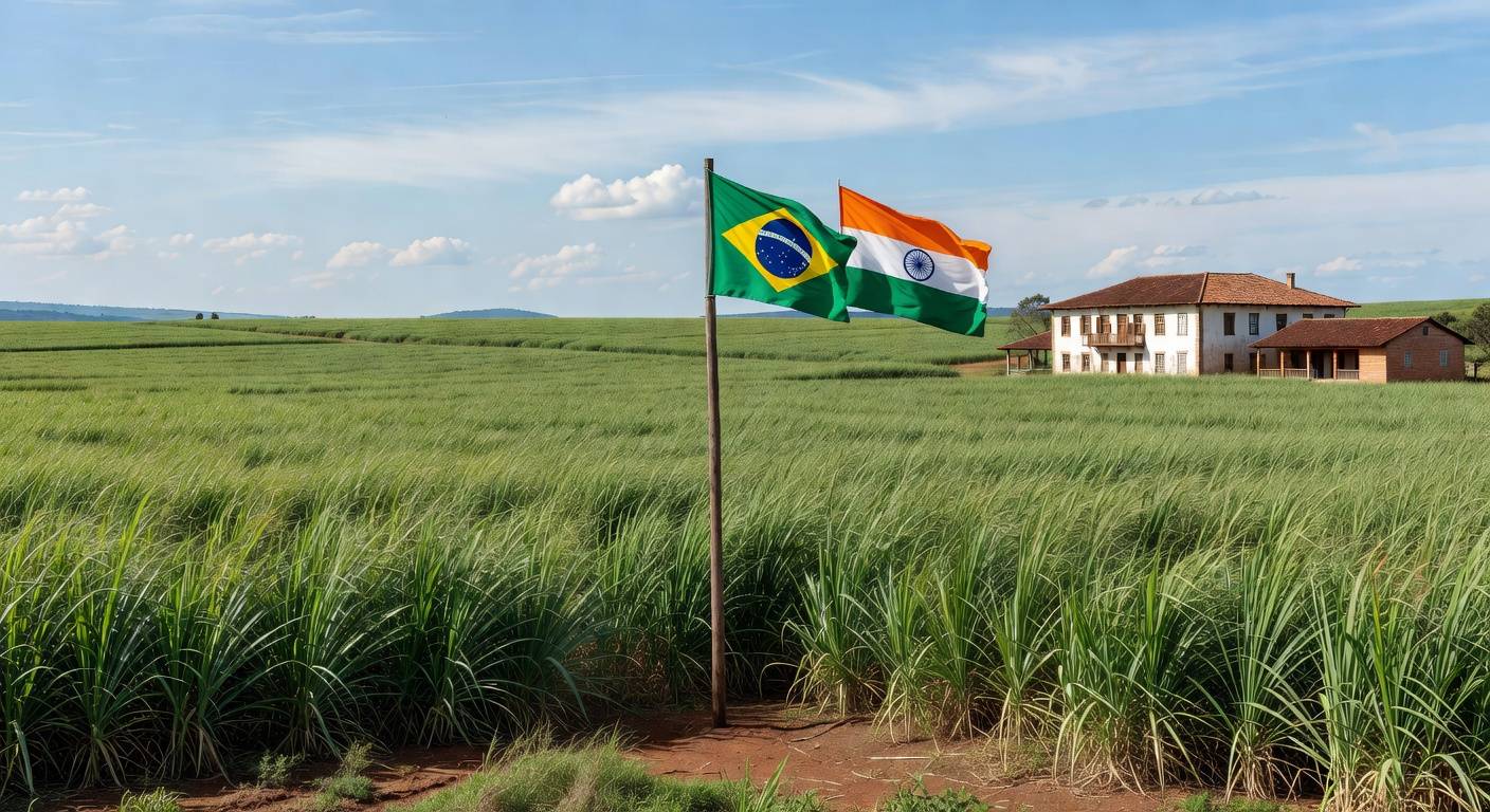Plantação de cana-de-açúcar no Brasil com bandeiras do Brasil e Índia, representando parcerias em agricultura e biocombustíveis no G20.