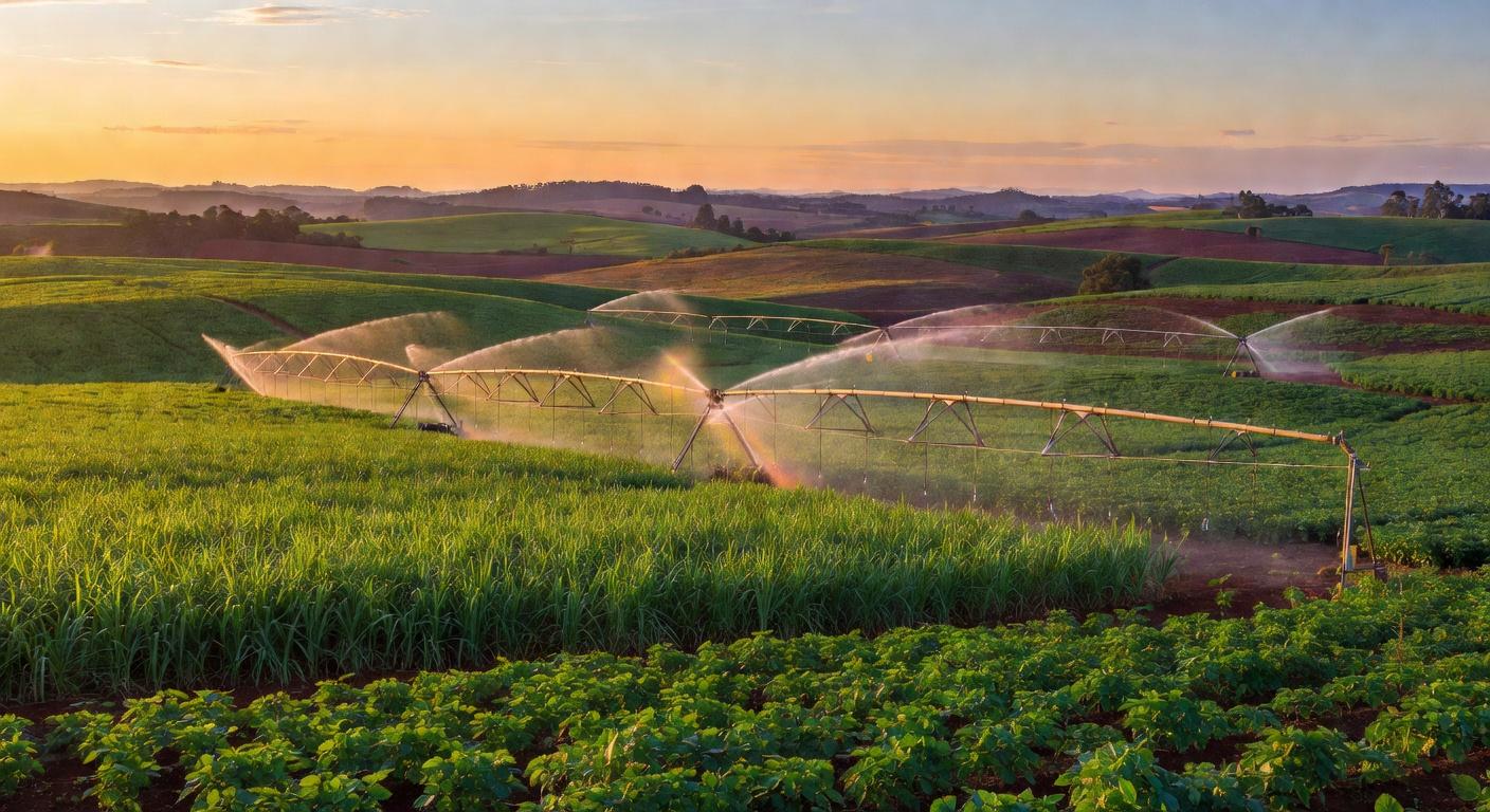 Plantação agrícola em São Paulo com irrigação sustentável, representando investimento do governo em produtores rurais.