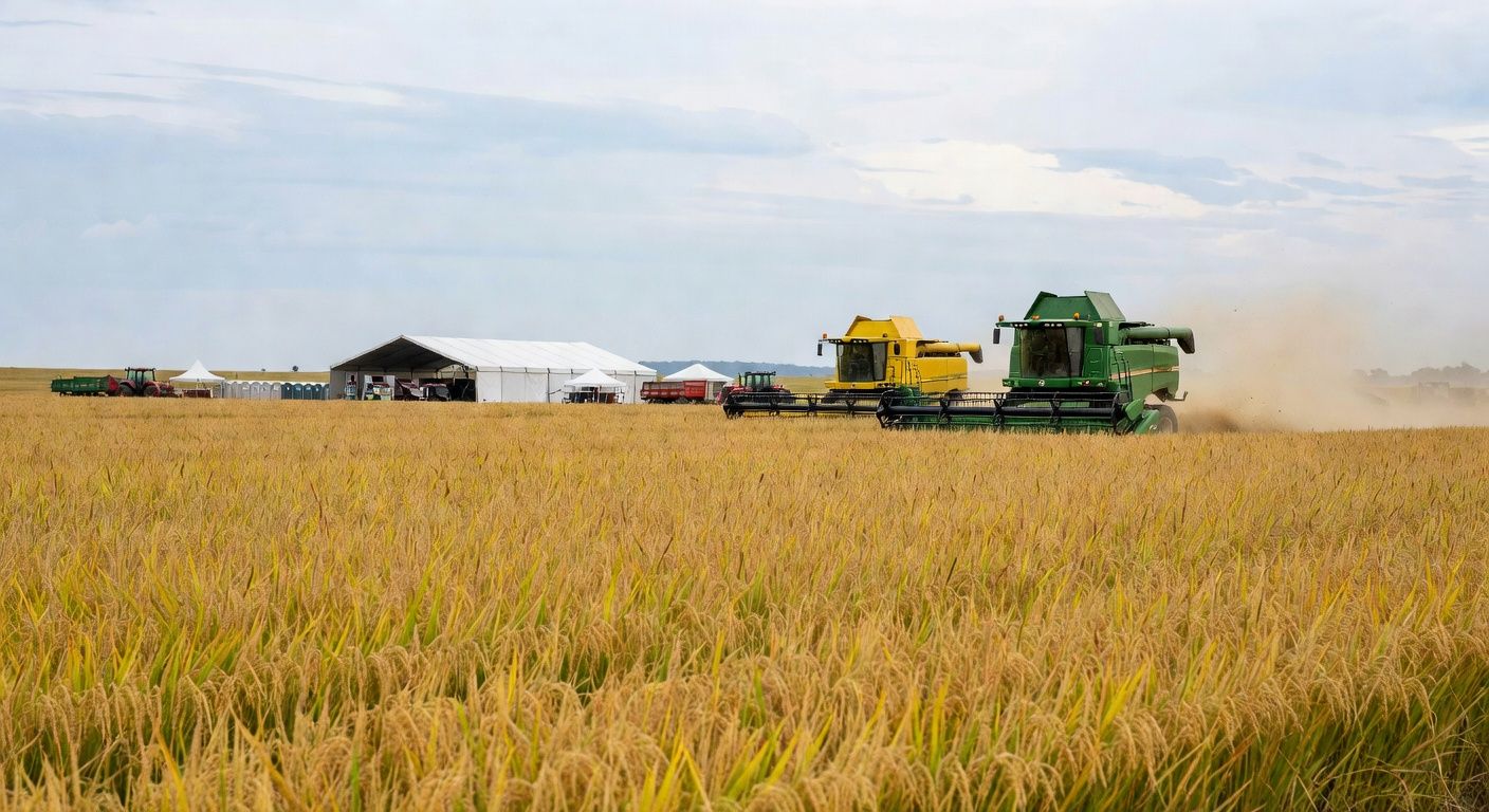 Campos de arroz em colheita com máquinas e estrutura de evento em Capão do Leão, RS.