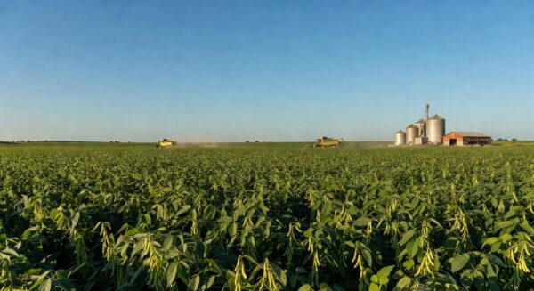 Plantação de soja no Mato Grosso, Brasil, com campos verdes e silos ao fundo, representando produção agrícola.