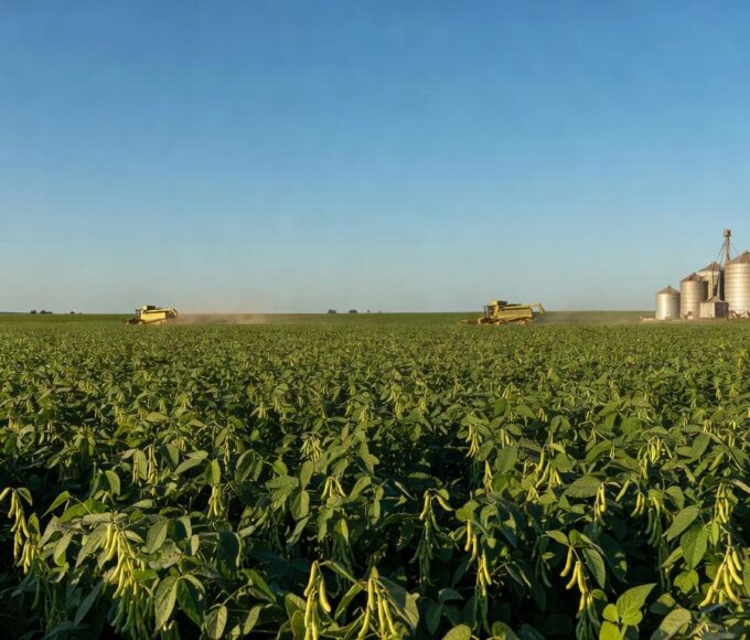 Plantação de soja no Mato Grosso, Brasil, com campos verdes e silos ao fundo, representando produção agrícola.
