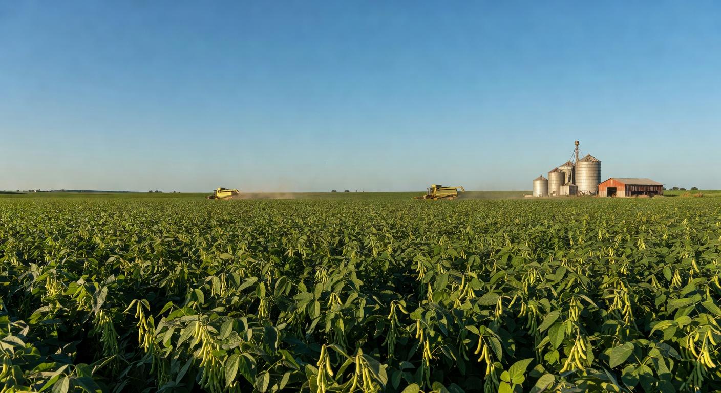 Plantação de soja no Mato Grosso, Brasil, com campos verdes e silos ao fundo, representando produção agrícola.