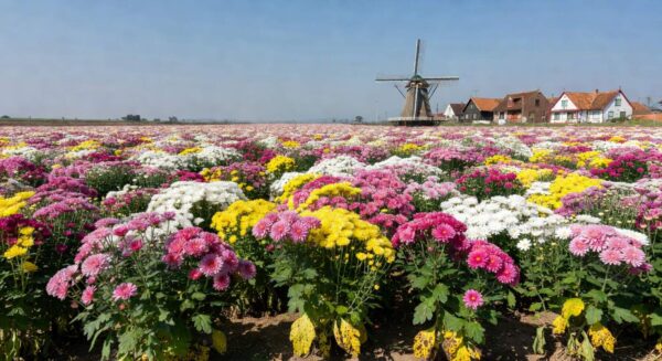 Plantação de crisântemos em Holambra afetada por fungo, com flores coloridas e arquitetura holandesa ao fundo.
