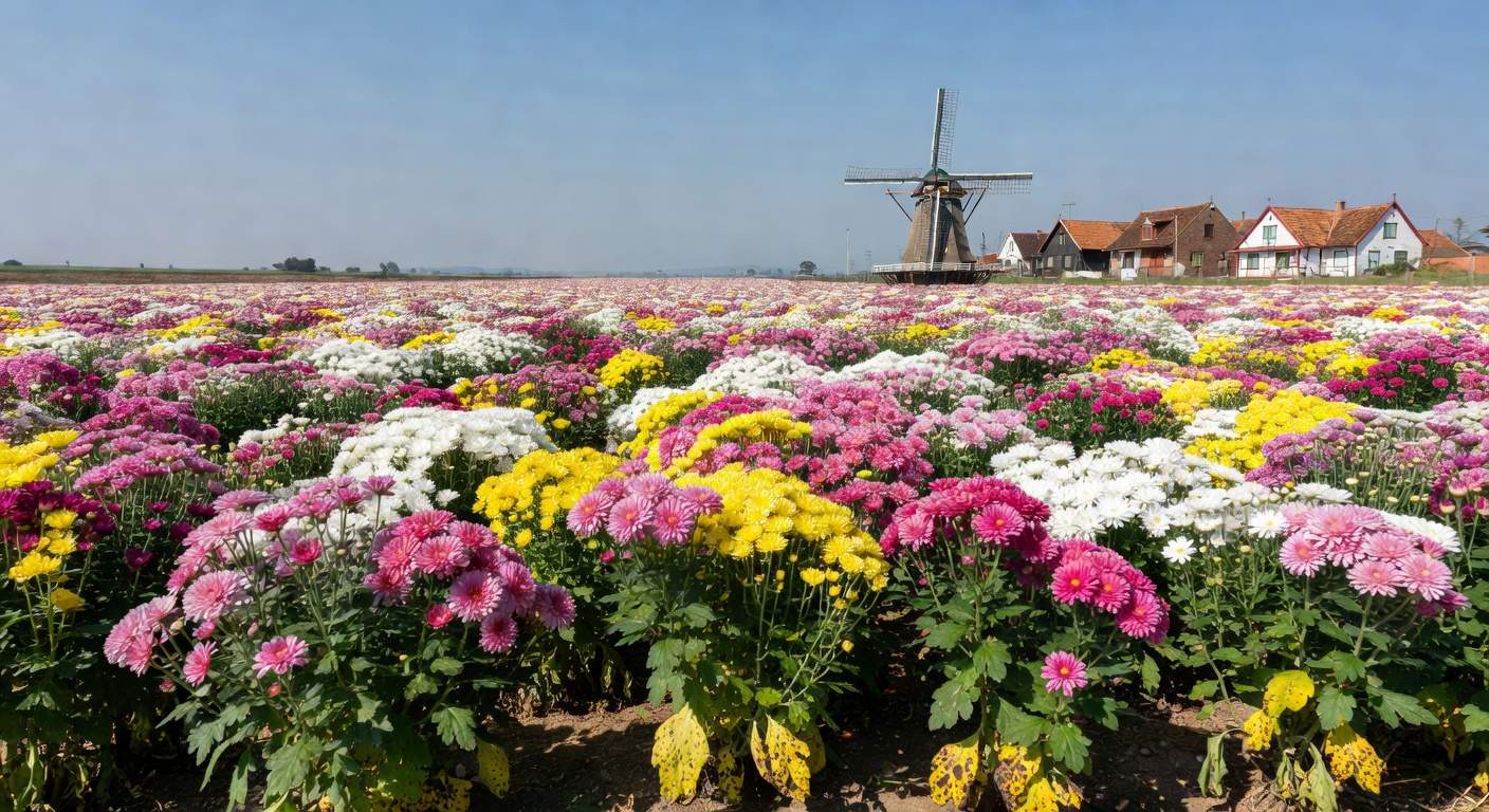 Plantação de crisântemos em Holambra afetada por fungo, com flores coloridas e arquitetura holandesa ao fundo.
