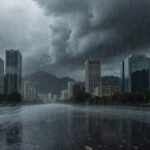 Céu nublado com chuva forte e ruas alagadas em cidade do Sudeste brasileiro durante temporal.