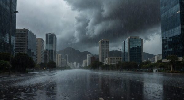 Céu nublado com chuva forte e ruas alagadas em cidade do Sudeste brasileiro durante temporal.