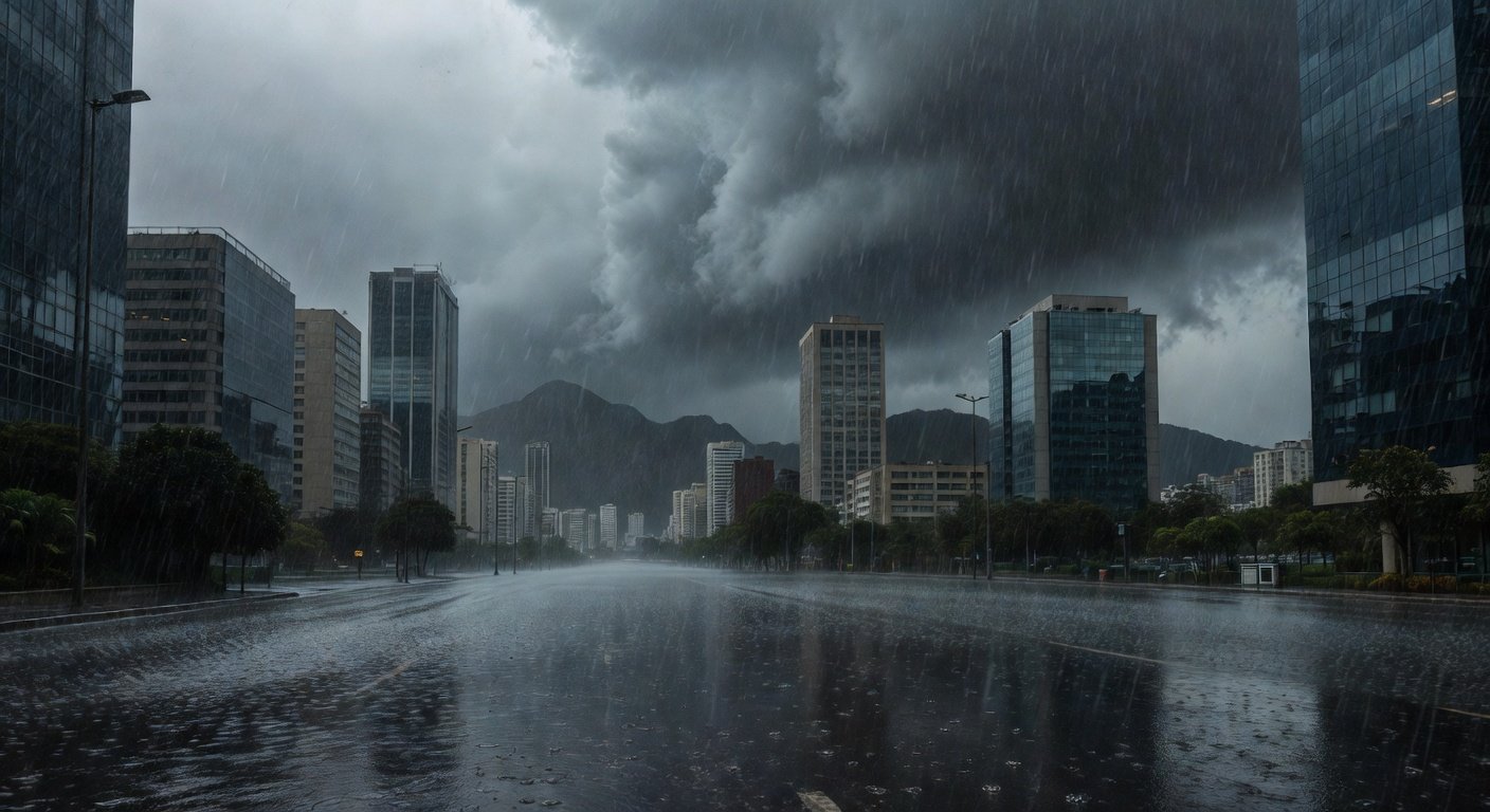Céu nublado com chuva forte e ruas alagadas em cidade do Sudeste brasileiro durante temporal.