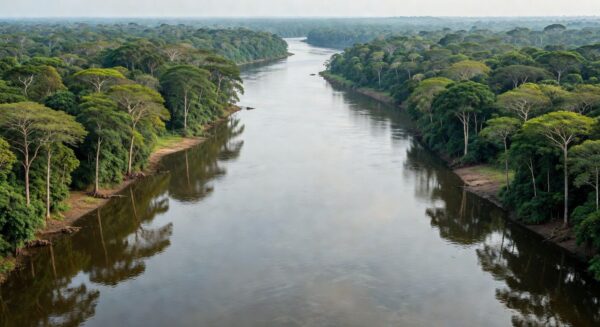 Hidrovia natural em rio da Floresta Amazônica brasileira, com densa vegetação tropical ao redor.