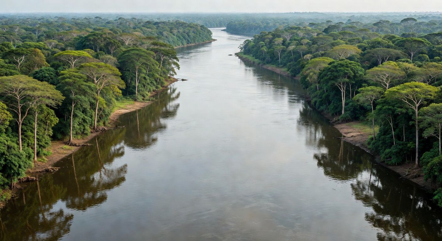 Hidrovia natural em rio da Floresta Amazônica brasileira, com densa vegetação tropical ao redor.