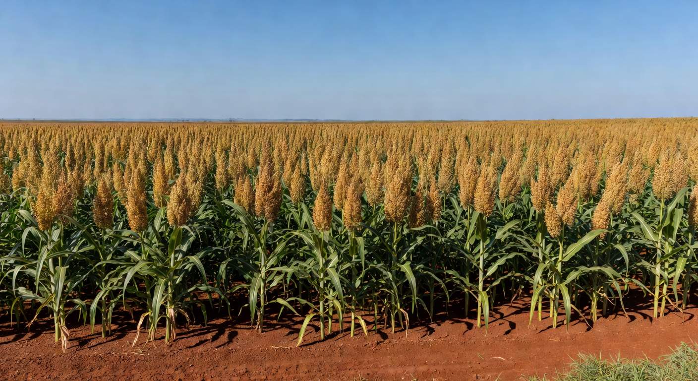 Plantação de sorgo BRS 662 com alta produtividade em campo brasileiro.