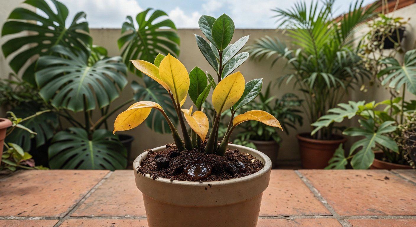Zamioculcas amareladas em vaso com borra de café aplicada no solo, técnica de recuperação no Brasil.