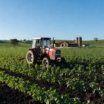 Trator agrícola vermelho em plantação de soja no Brasil, ilustrando expansão de concessionárias Case IH como Cocari e Pivot.