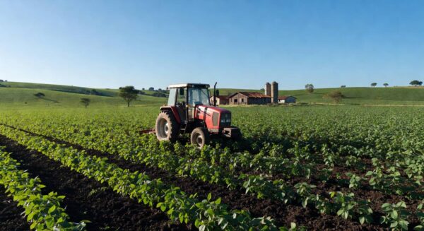 Trator agrícola vermelho em plantação de soja no Brasil, ilustrando expansão de concessionárias Case IH como Cocari e Pivot.