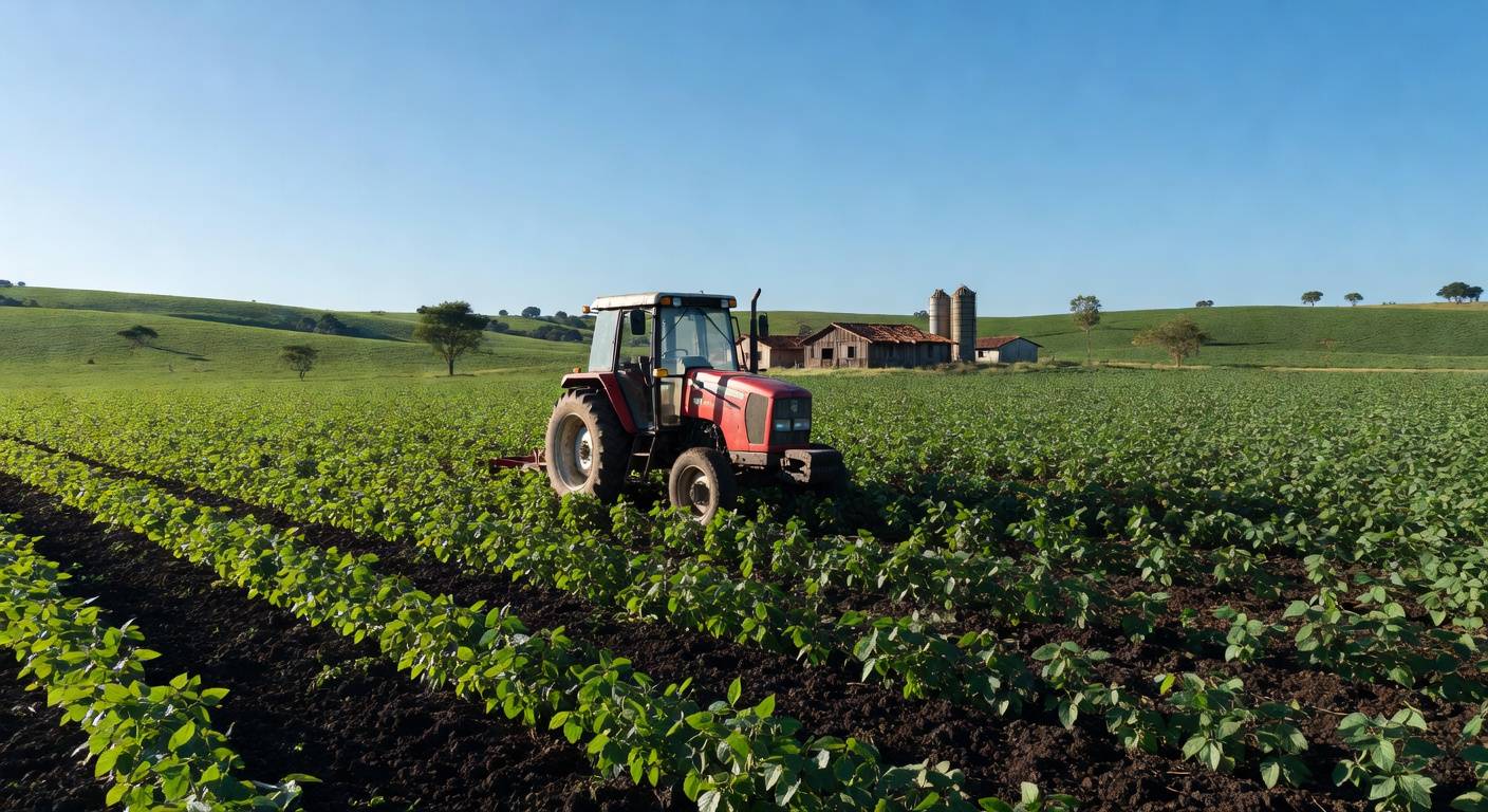 Trator agrícola vermelho em plantação de soja no Brasil, ilustrando expansão de concessionárias Case IH como Cocari e Pivot.