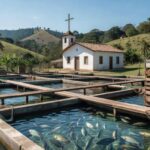 Piscicultura brasileira com tanques de peixes durante Quaresma, focando em consumo de pescado e tarifas de exportação para EUA.