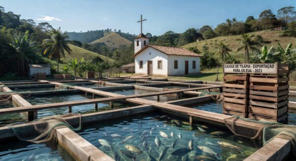 Piscicultura brasileira com tanques de peixes durante Quaresma, focando em consumo de pescado e tarifas de exportação para EUA.