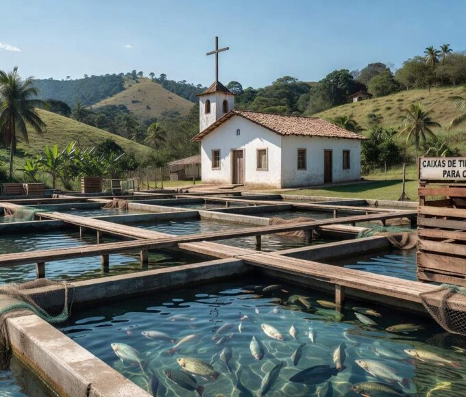 Piscicultura brasileira com tanques de peixes durante Quaresma, focando em consumo de pescado e tarifas de exportação para EUA.