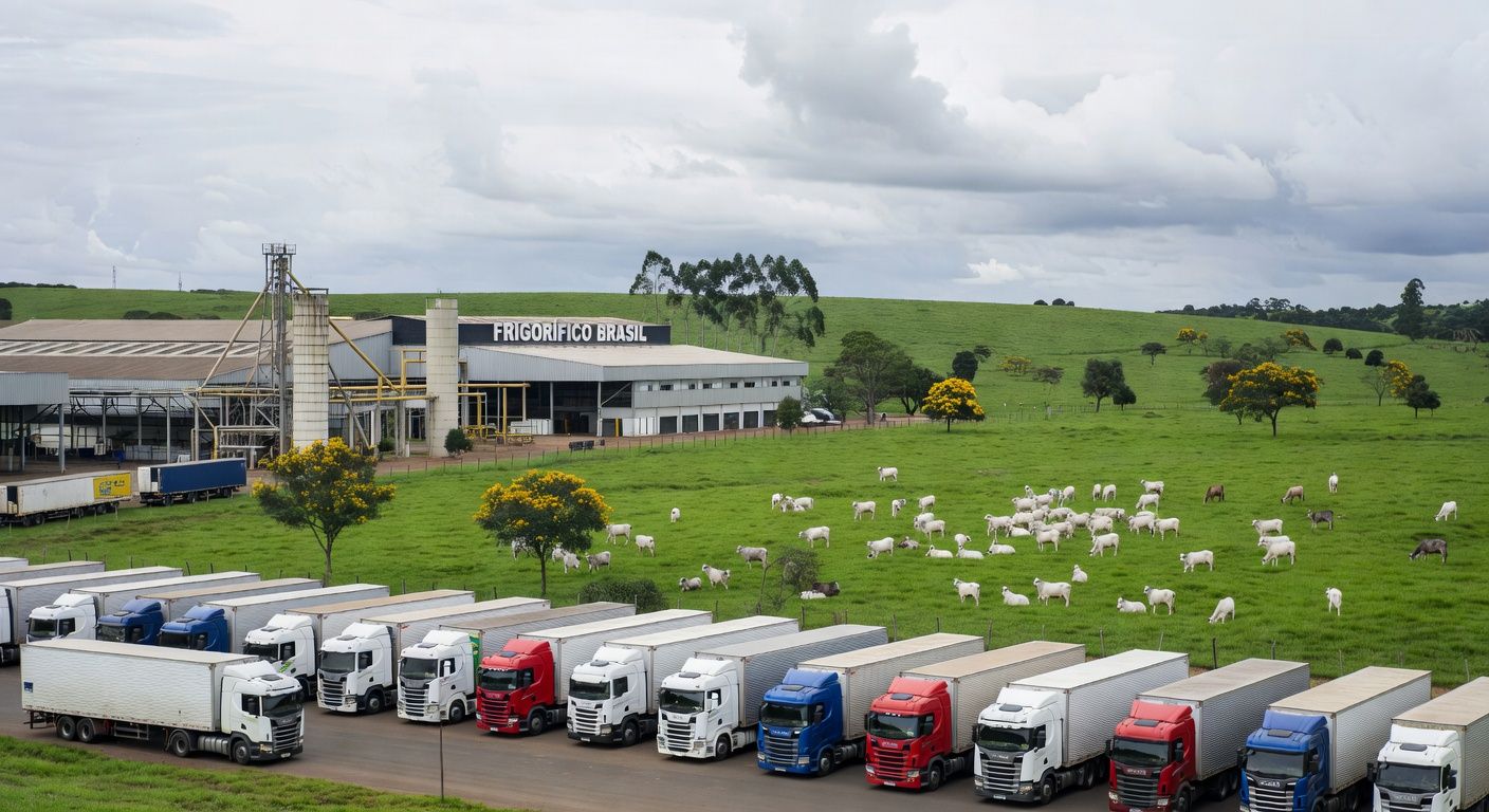Frigorífico brasileiro com pastagens e gado, ilustrando suspensão de exportações de carne bovina para China.