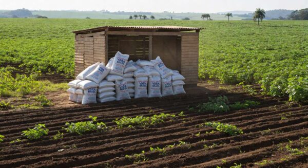 Plantação de soja no Brasil com sacos de fertilizantes, representando atualização de normas de inspeção para produtos agrícolas pelo governo federal.