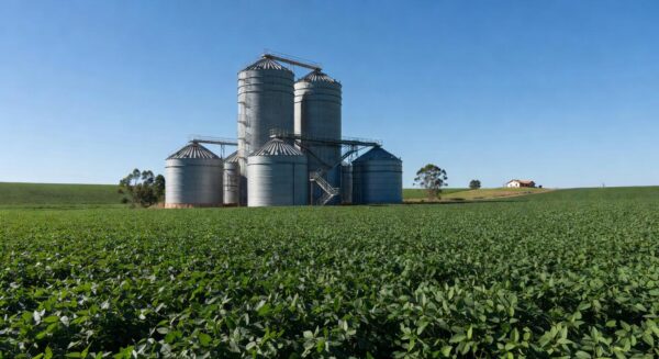 Silos de grãos em plantação no Brasil, ilustrando crescimento econômico no setor agrícola.