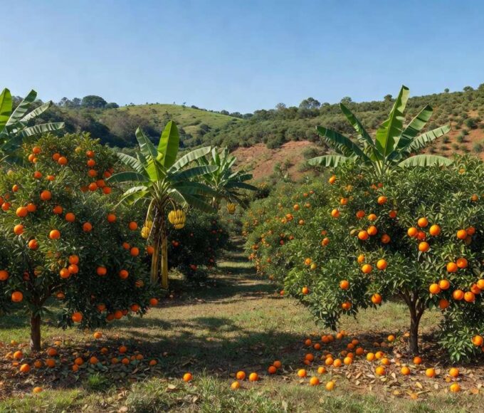 Pomar de laranjeiras e bananeiras no Brasil com frutas maduras, ilustrando queda nos preços de banana e laranja devido a oferta elevada.