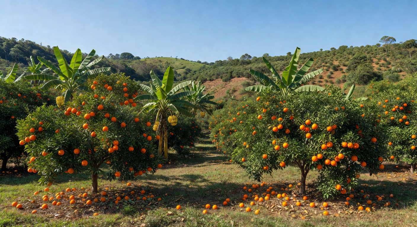 Pomar de laranjeiras e bananeiras no Brasil com frutas maduras, ilustrando queda nos preços de banana e laranja devido a oferta elevada.