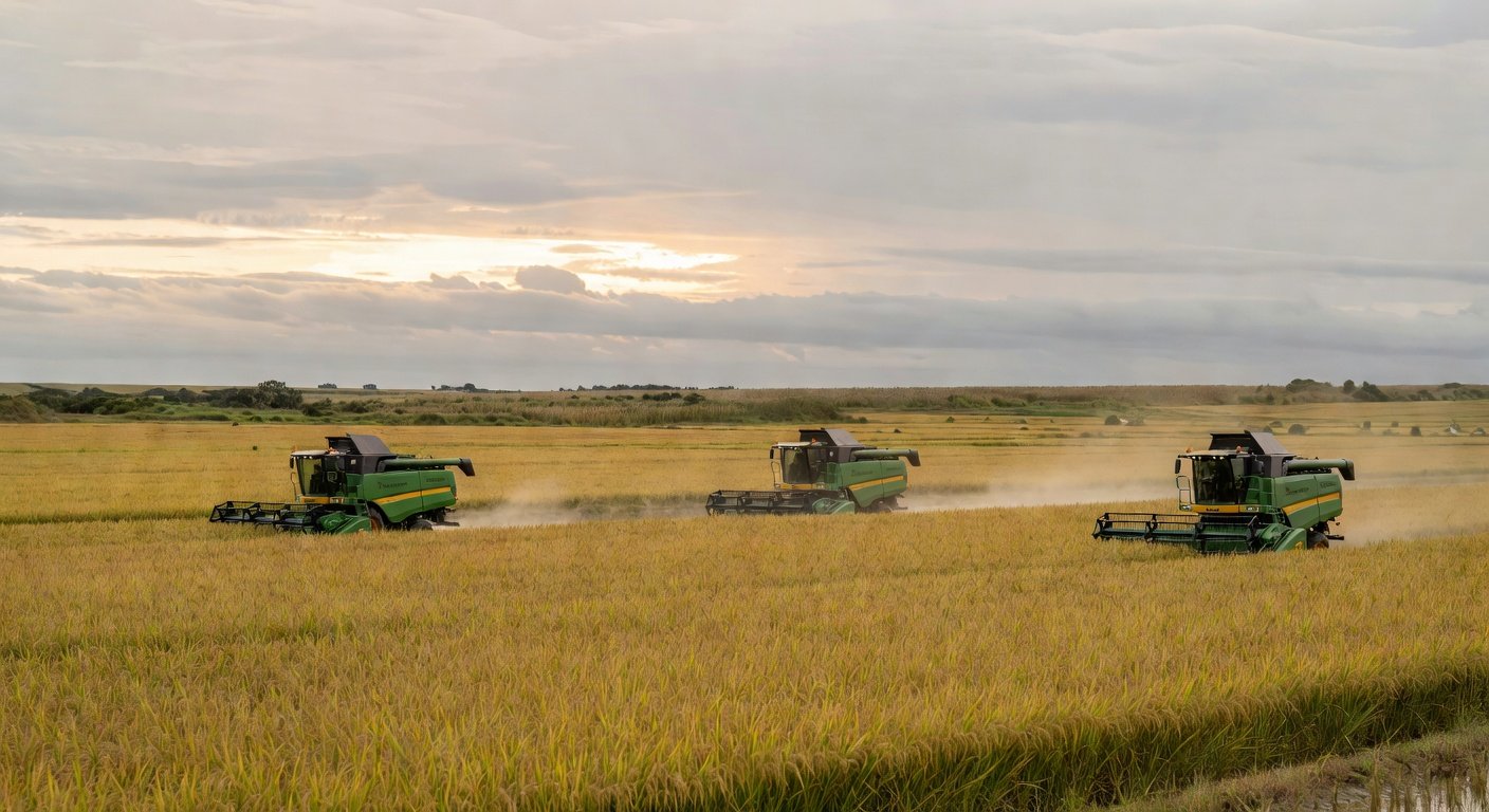 Campos de arroz no RS com máquinas colheitadeiras modernas destacando influência chinesa e tecnologia na abertura da colheita.