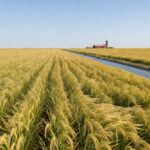 Campos de arroz maduro no Rio Grande do Sul, Brasil, representando valorização de metais preciosos em evento de colheita.
