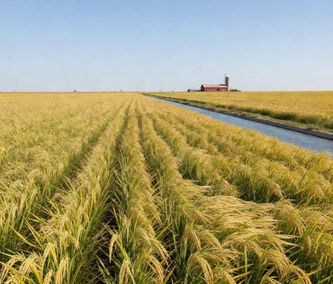Campos de arroz maduro no Rio Grande do Sul, Brasil, representando valorização de metais preciosos em evento de colheita.