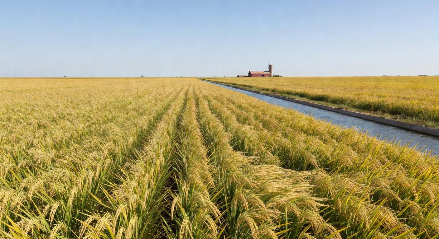 Campos de arroz maduro no Rio Grande do Sul, Brasil, representando valorização de metais preciosos em evento de colheita.