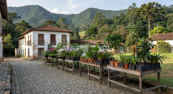 Barracas de comércio ambulante de mudas em rua de Minas Gerais, com plantas variadas e fundo montanhoso.