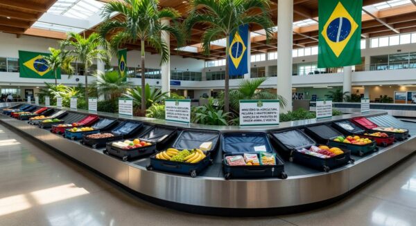 Bagagens com alimentos em aeroporto brasileiro sob inspeção do Ministério da Agricultura, exigindo autorização prévia para viajantes.