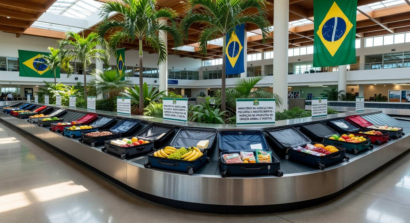 Bagagens com alimentos em aeroporto brasileiro sob inspeção do Ministério da Agricultura, exigindo autorização prévia para viajantes.