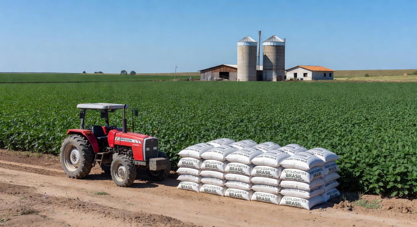 Campo agrícola brasileiro com plantações de soja e sacos de fertilizantes, ilustrando regulamentação no agronegócio.