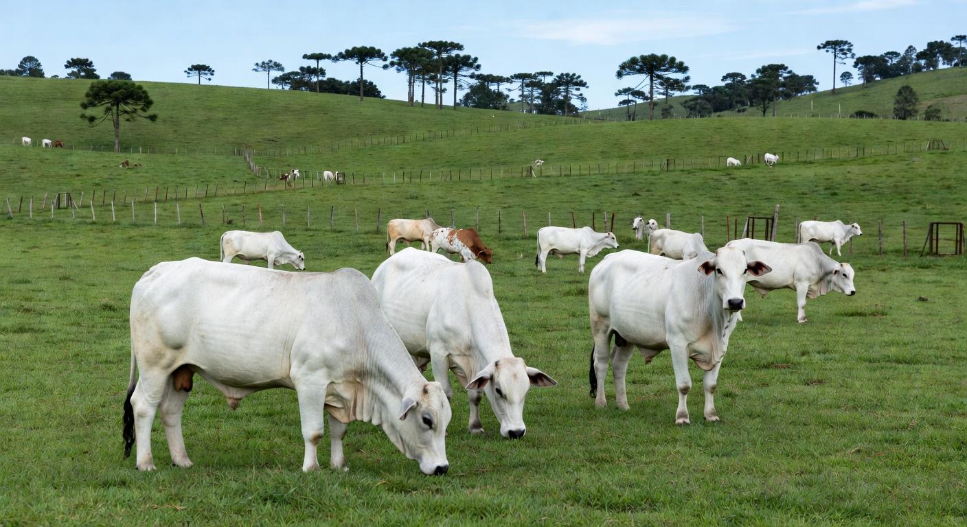 Rebanho de boi gordo em fazenda no interior de São Paulo, representando alta de 7,1% nos preços em fevereiro.