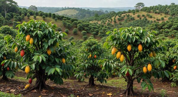 Plantação de cacau na Bahia, Brasil, destacando impactos de medidas restritivas no setor.