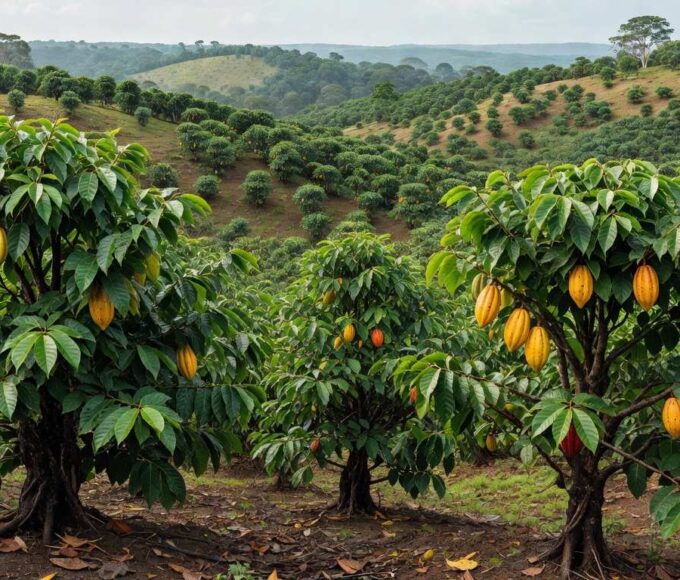 Plantação de cacau na Bahia, Brasil, destacando impactos de medidas restritivas no setor.