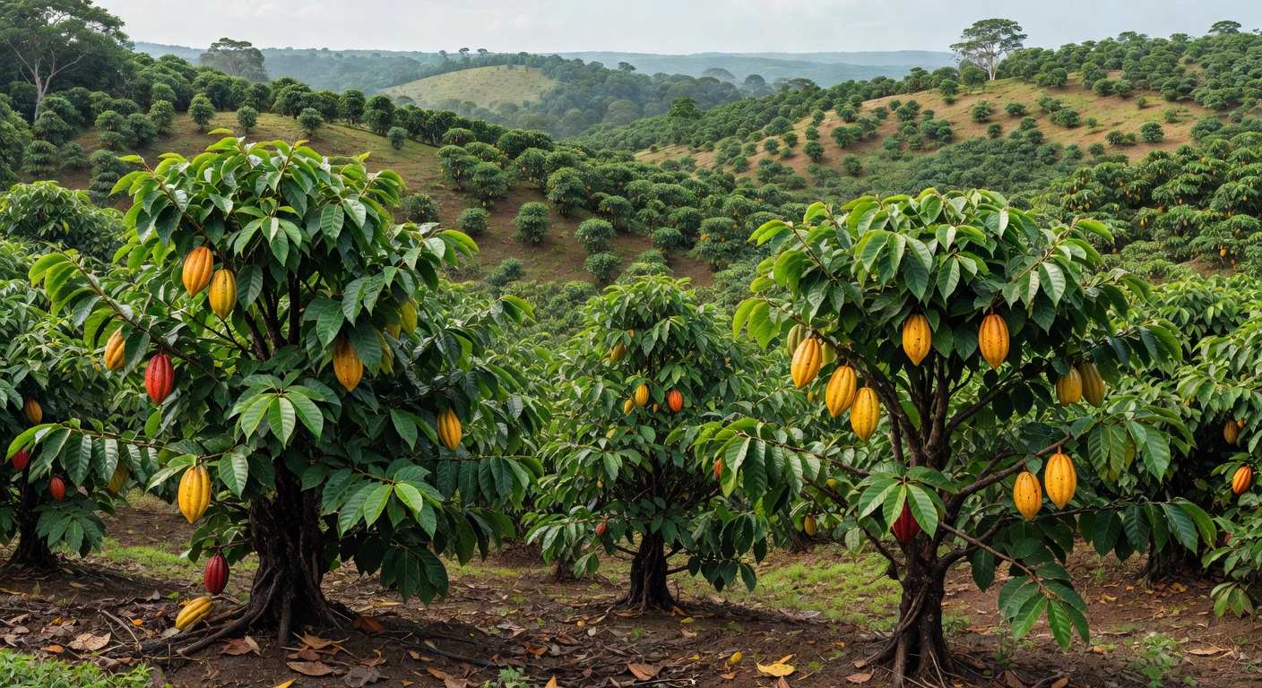 Plantação de cacau na Bahia, Brasil, destacando impactos de medidas restritivas no setor.