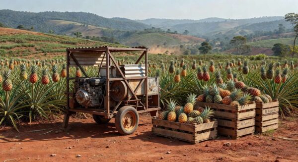 Plantação de abacaxi em Minas Gerais com máquinas de sucata impulsionando exportações para Taiwan.