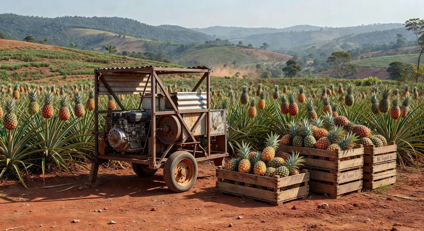 Plantação de abacaxi em Minas Gerais com máquinas de sucata impulsionando exportações para Taiwan.