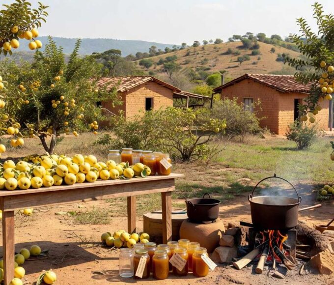 Plantação de marmeleiros no Quilombo Mesquita, com frutos e elementos de produção de marmelada tradicional no Brasil.