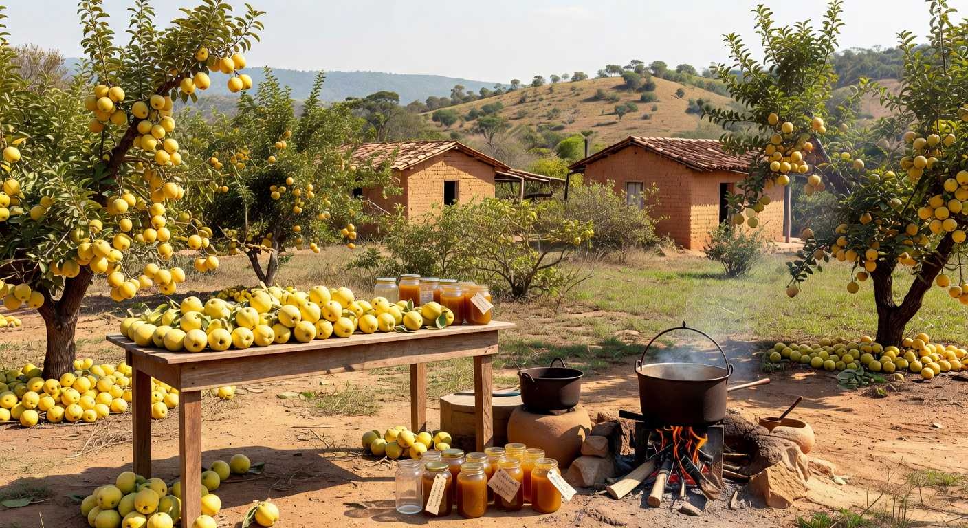 Plantação de marmeleiros no Quilombo Mesquita, com frutos e elementos de produção de marmelada tradicional no Brasil.